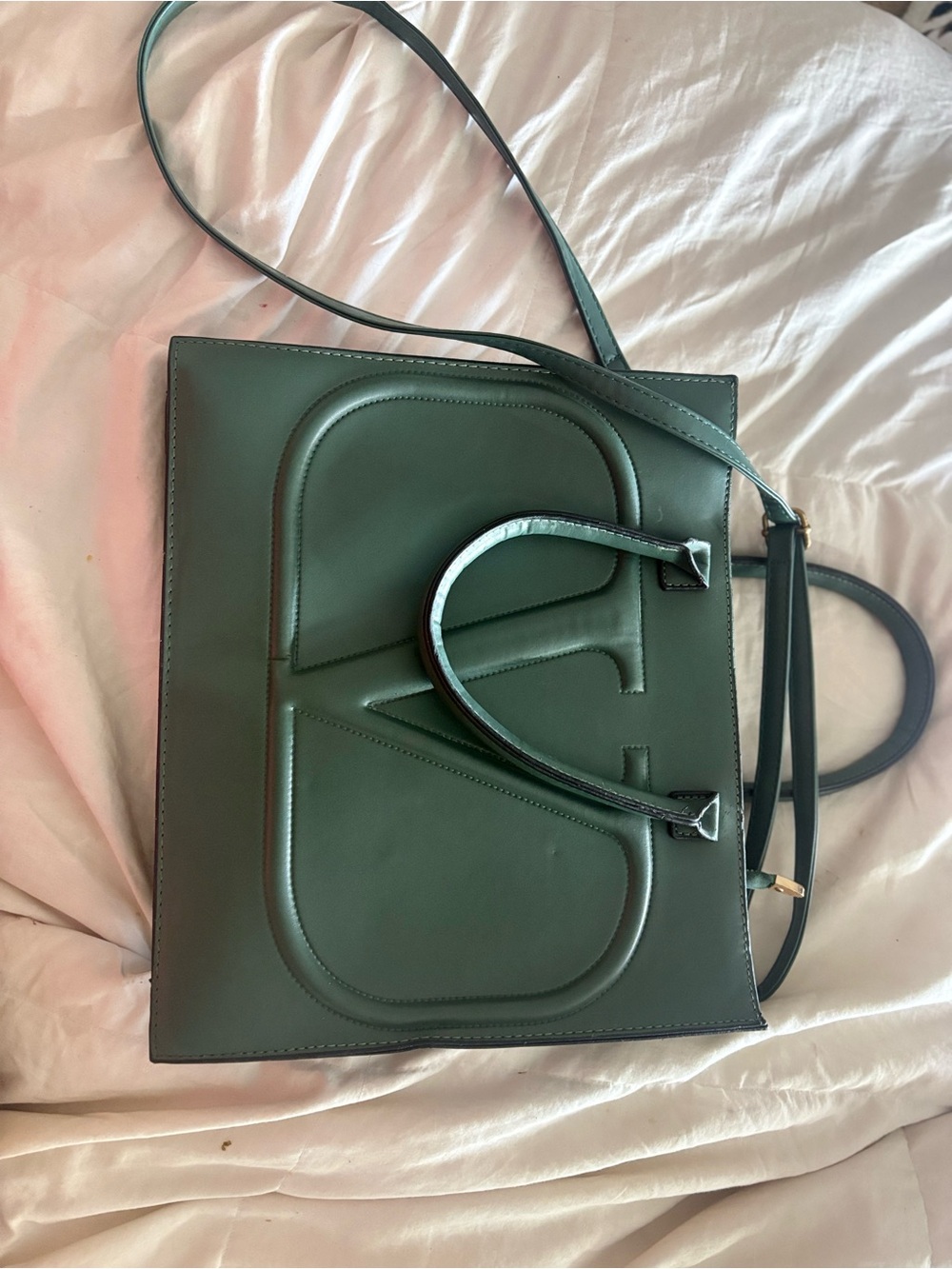 Green Faux Leather Tote Bag with Crossbody Strap
